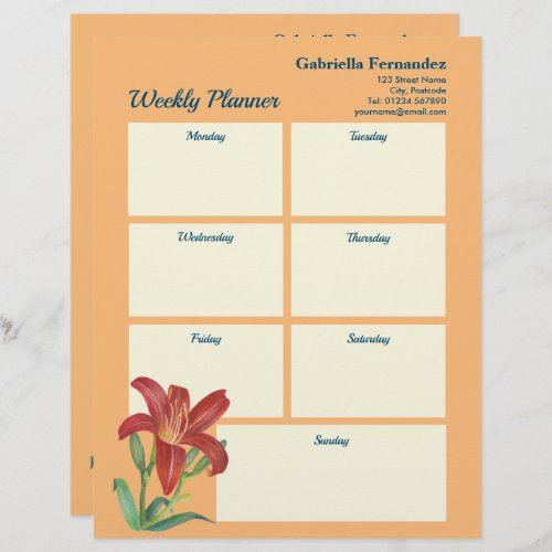 Weekly Planner Vibrant Watercolor Orange Lily Letterhead