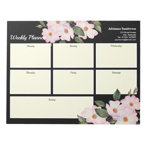 Weekly Planner Watercolor Pink White Roses Notepad
