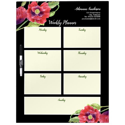 Weekly Planner Watercolor Red Poppies Black Dry Erase Board