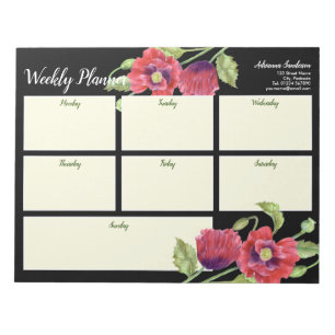 Weekly Planner Watercolor Red Poppies Black Notepad