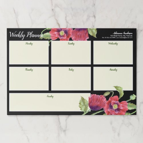 Weekly Planner Watercolor Red Poppies Black Paper Pad