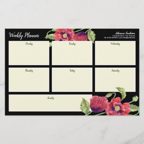 Weekly Planner Watercolor Red Poppies Black Statio Stationery