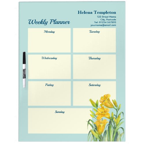 Weekly Planner Watercolor Yellow Day Lilies Design Dry Erase Board