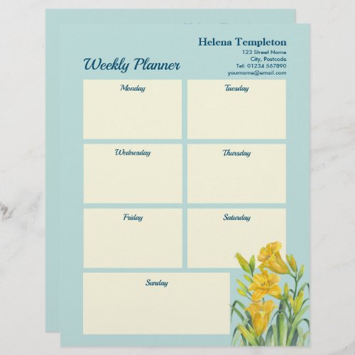 Weekly Planner Watercolor Yellow Day Lilies Design Letterhead