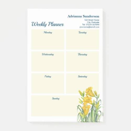 Weekly Planner Watercolor Yellow Day Lilies Design Post_it Notes