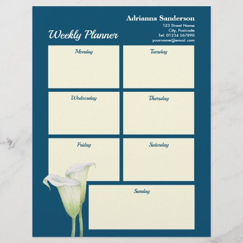 Weekly Planner White Calla Lily Illustration Letterhead