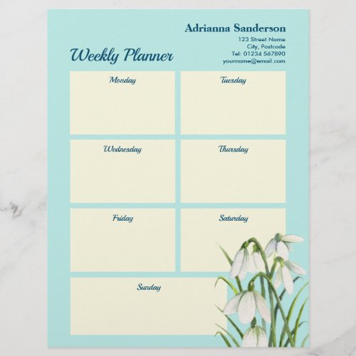 Weekly Planner White Snow Drops Watercolor Letterhead