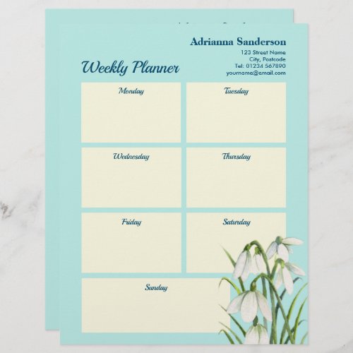 Weekly Planner White Snow Drops Watercolor Letterhead