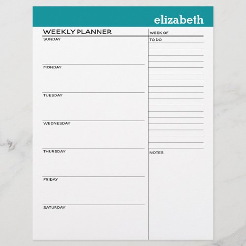 Weekly Planner with Custom Name and Color Letterhead