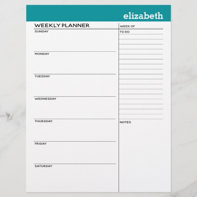 Weekly Planner with Custom Name and Color Letterhead (Front)