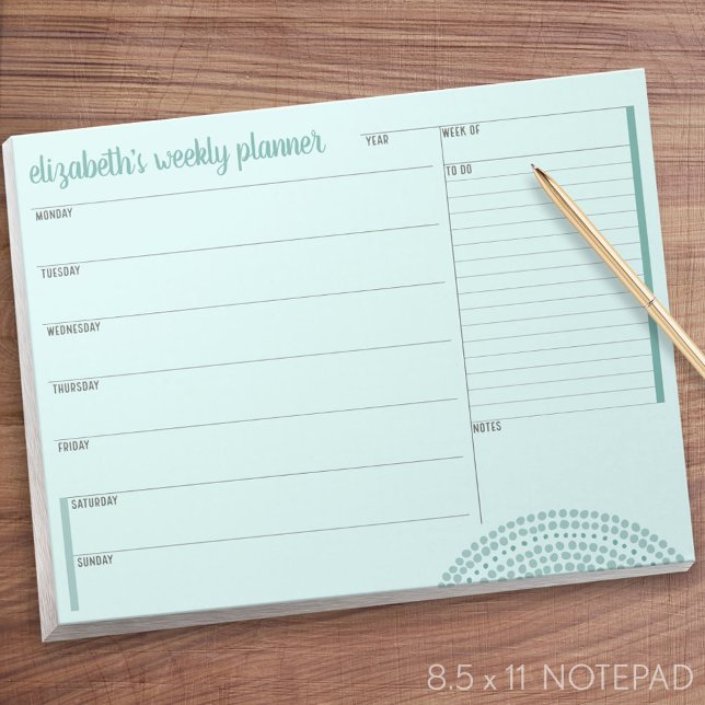 Weekly Planner with Custom Name - teal green Notepad (Weekly Planner Notepad)