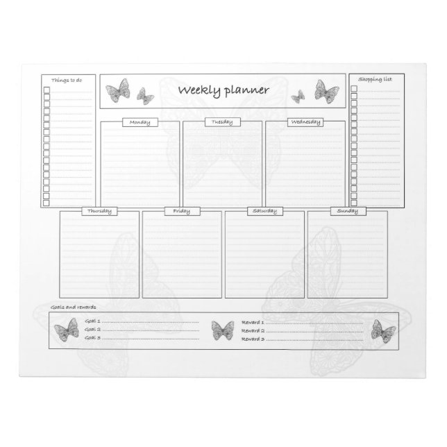 Weekly planner with goals and shopping list notepad (Front)