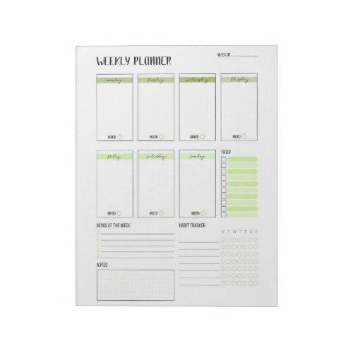 Weekly Planner with Monday start Green 85 x 11 Notepad