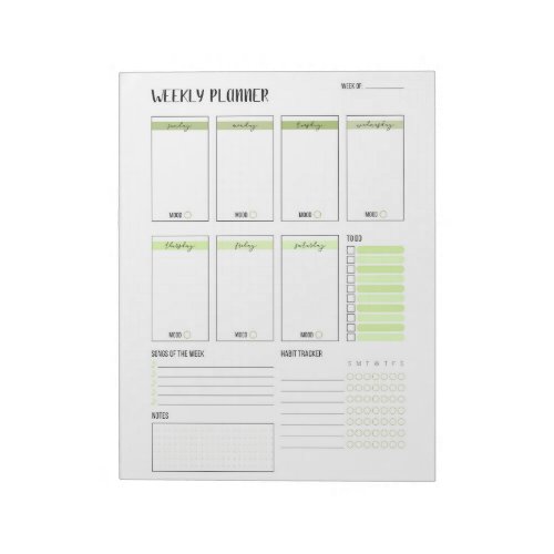 Weekly Planner with Sunday start Green 85 x 11 Notepad