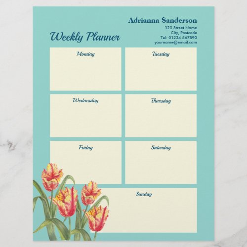 Weekly Planner Yellow Parrot Tulips Watercolor Letterhead