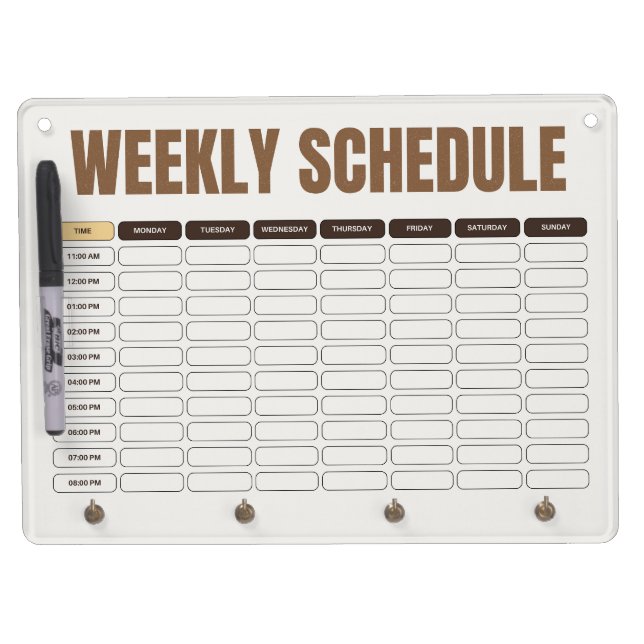 Weekly Schedule Planner Minimal Beige Grid Dry Erase Board With Keychain Holder (Front)