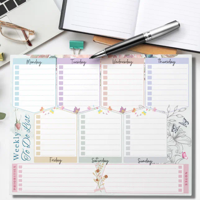 Weekly To Do List Flower Butterfly Themed Notepad | Zazzle
