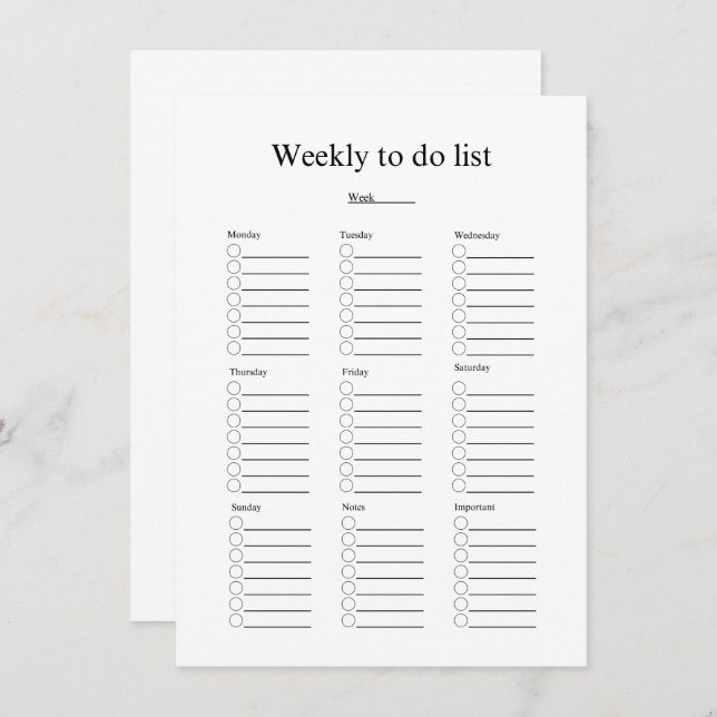 Weekly to do list note card (Front/Back)