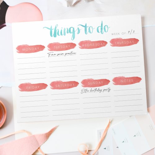 Weekly To Do List Planner  Coral and Aqua Notepad
