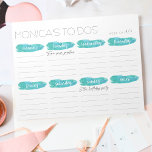 Weekly To Do List Planner | Gray and Mint Notepad<br><div class="desc">Organize your week with our handy memo pad in chic gray and swirly turquoise mint watercolor! Unique personalized design features "[your name's] To Dos" in modern gray lettering, with 5 lines for each day of the week, plus a bonus notes section. Fill in the "week of" at the top and...</div>