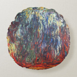 Weeping Willow at Giverny (by Claude Monet) Round Pillow