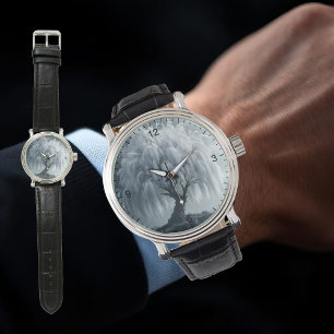Weeping willow by a pond, black and white, custom  watch