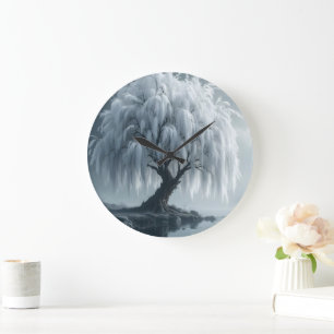 Weeping willow by a pond, black and white large clock