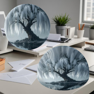 Weeping willow by a pond, black and white paperweight