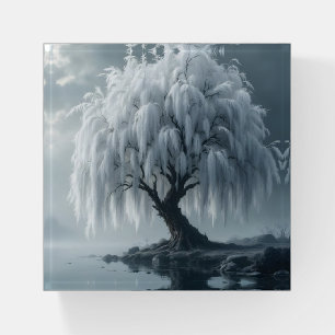 Weeping willow by a pond, black and white  paperweight