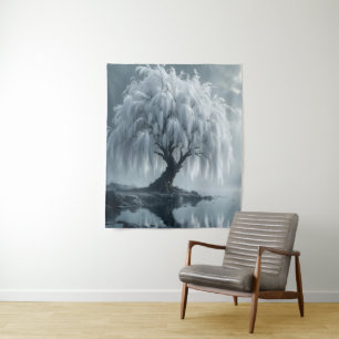 Weeping willow by a pond, black and white tapestry