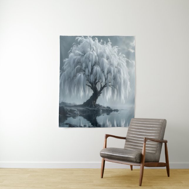 Weeping willow by a pond, black and white  tapestry (In Situ)