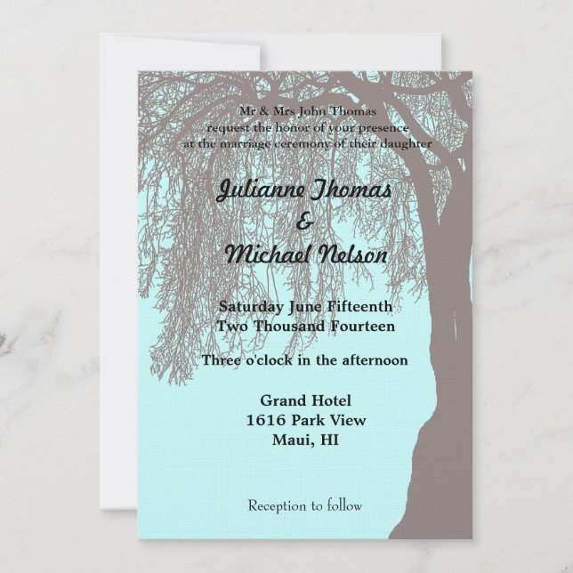 Weeping Willow Tree Blue Brown Wedding Invitation (Front)