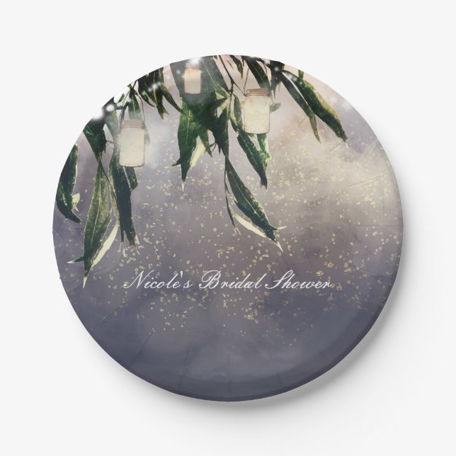 Weeping Willow Tree & Mason Jar Lights Elegant Paper Plates (Front)
