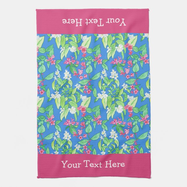 Weigela and Philadelphus Spring Blossoms on Blue Kitchen Towel (Vertical)