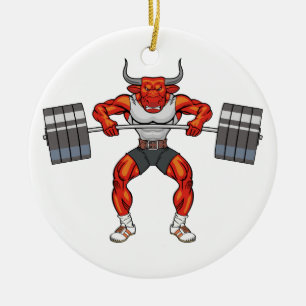 weight lifting bull 2 ceramic ornament