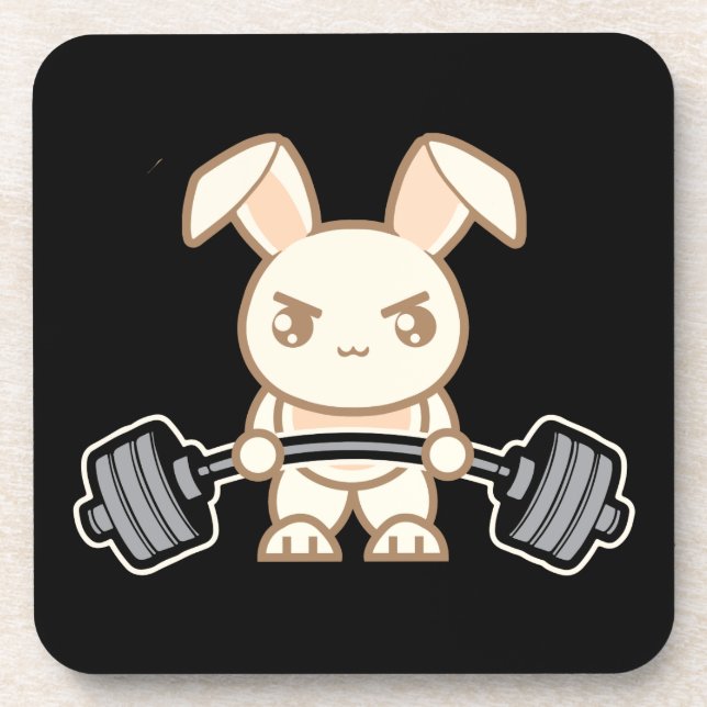 Weight Lifting Bunny Cartoon - Cute Anime Workout Beverage Coaster (Front)