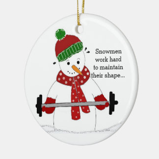 Weight Lifting Snowman Ceramic Ornament