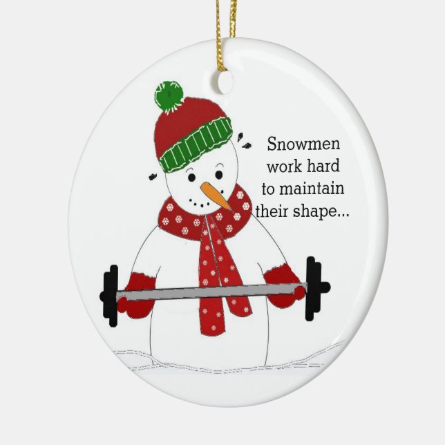 Weight Lifting Snowman Ceramic Ornament (Left)
