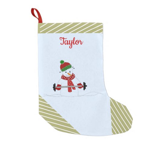 Weight Lifting Snowman Gold Stripes Small Christmas Stocking