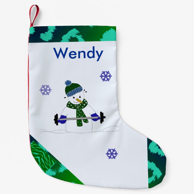 Weight Lifting Snowman Small Christmas Stocking (Front)