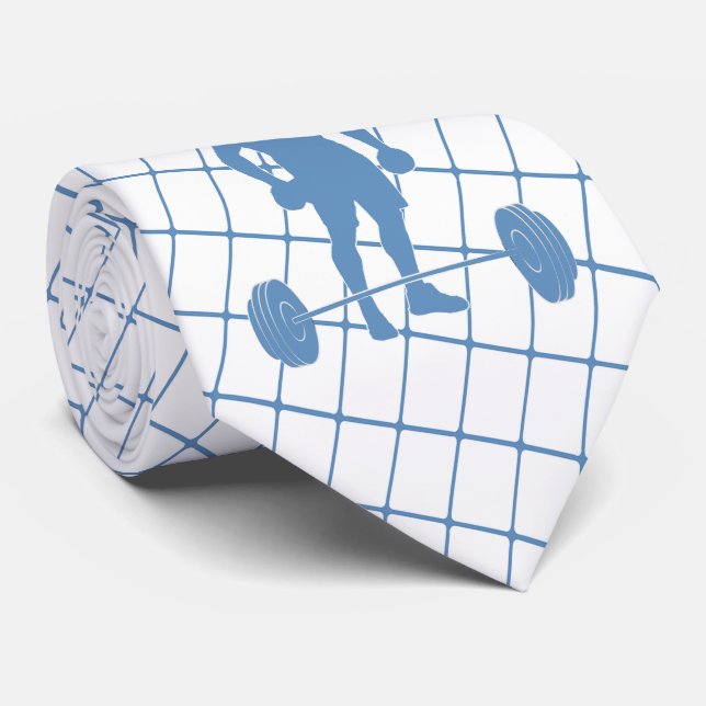 Weightlifter and Weights on Blue Check Necktie (Rolled)