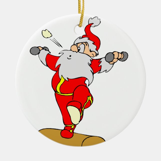 Weightlifting Cartoon Santa Ceramic Ornament (Front)