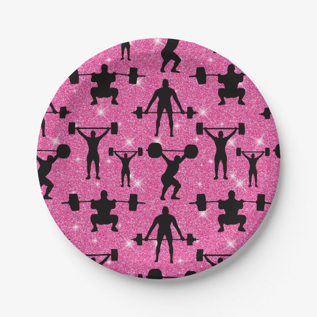 Weightlifting Fitness Workout Sport Pink Glitter Paper Plates (Front)