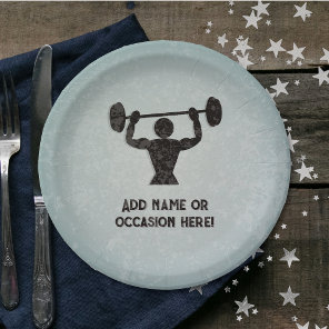 Weightlifting man and your slogan rugged look paper plates