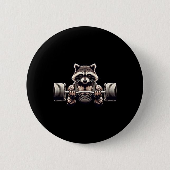 Weightlifting Ripped Raccoon Gym Workout Muscled R Button (Front)