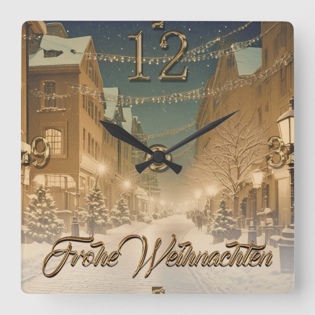 Weihnachtlich verschneite Straßen einer Innenstadt Square Wall Clock (Front)