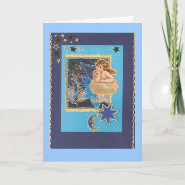 "Weihnachts-Engel auf Wolke in Blau" Holiday Card (Front)
