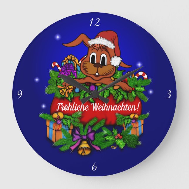 Weihnachtskaninchen , Fröhliche Weihnachten! Large Clock (Front)