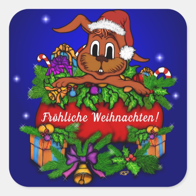 Weihnachtskaninchen , Fröhliche Weihnachten! Square Sticker (Front)