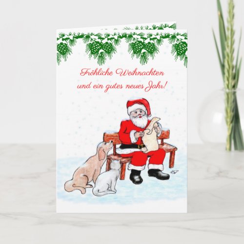 Weihnachtsmann mit Hund und Katze auf Deutsch Holiday Card